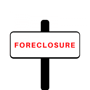 A foreclosure sign is posted on the street.