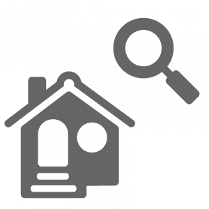 A gray icon of a house and magnifying glass.