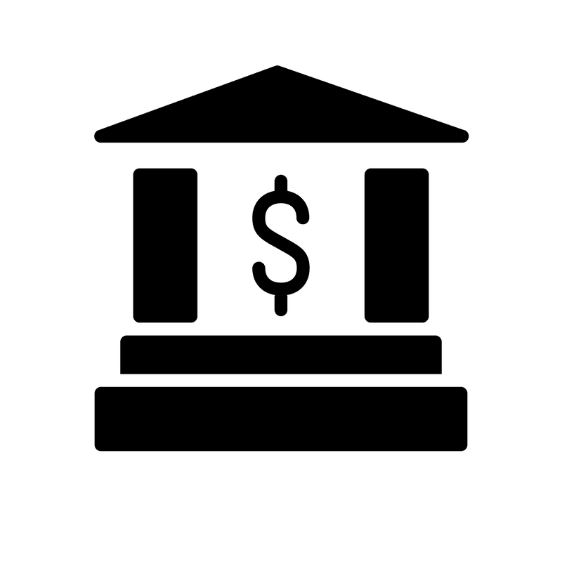 A black and white icon of a building with a dollar sign on it.